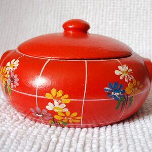 Ransburg Pottery Covered Canister Cookie Jar Red Floral Plaid Vintage 1940s